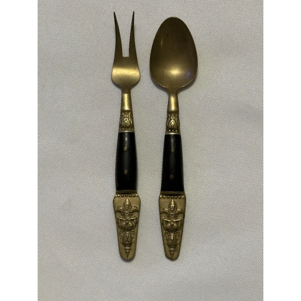 Vintage Serving Set Fork and Spoon Samran Thailand Nickel Bronze 4 1/2”